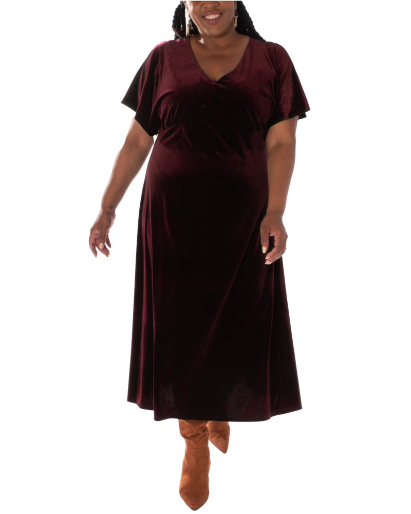 Front of a model wearing a size 24 SOLID STRETCH SHORT SLEEVE VELVET BODICE LINED DRESS in DARK WIN by Taylor Dress. | dia_product_style_image_id:319324